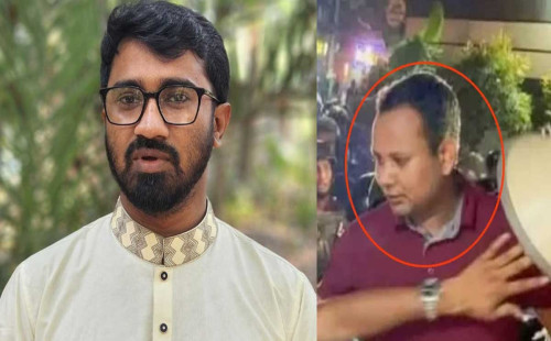 লাল রঙের টি-শার্ট পরা সেই ব্যক্তির নাম-পরিচয় জানালেন রাশেদ খাঁন 